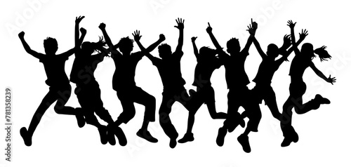 Many people jumping cheerfully, Silhouettes of jumping people, Silhouettes of man and woman jumping