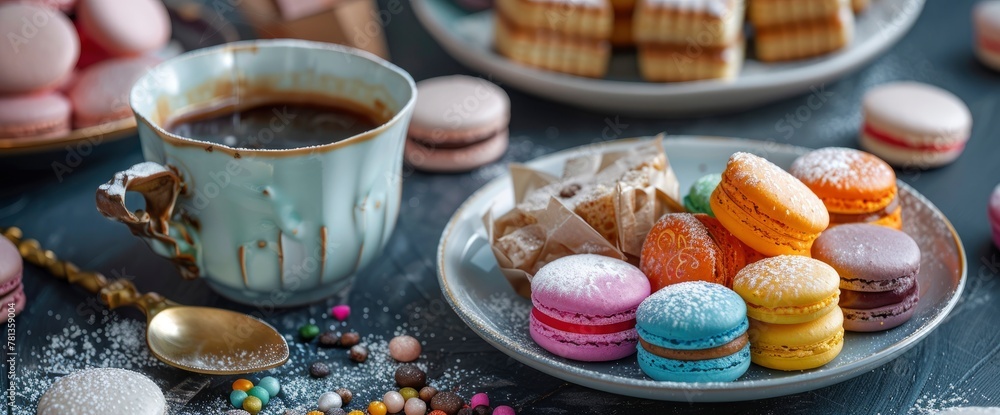 Colorful Turkish sweets and coffee with macarons Colorful Turkish sweets and coffee with macarons