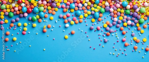 Colorful sprinkles on a blue background in a top view. The background features colorful candy or chocolate balls for decoration and cooking. A flat lay top view of copy space for text