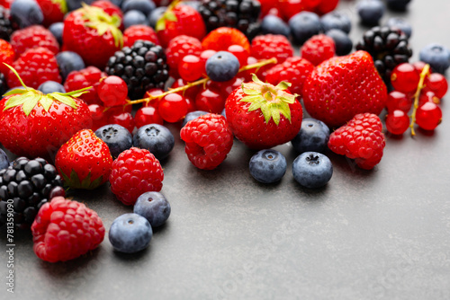 Fototapeta Naklejka Na Ścianę i Meble -  Berries. Various colorful berries Strawberry, Raspberry, Blackberry, Blueberry close-up Bio Fruits, Healthy eating,