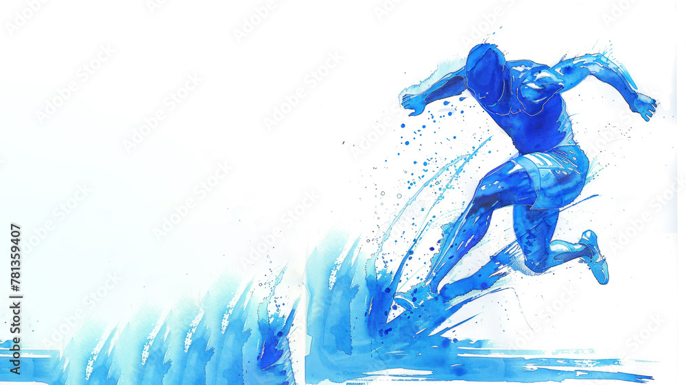 Blue watercolor of athlete doing long jump in athletic game competition