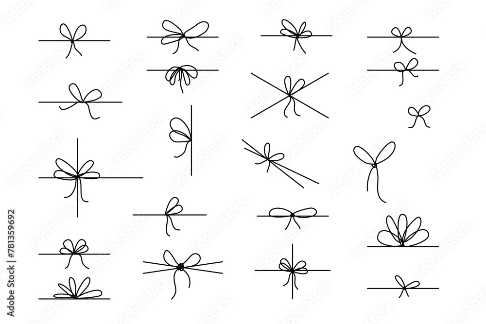 Line bows on ribbon. Bow on string set for box and decoration design. Simple outline bowknot Line bows on ribbon. Bow on string set for box and decoration design. Simple outline bowknot