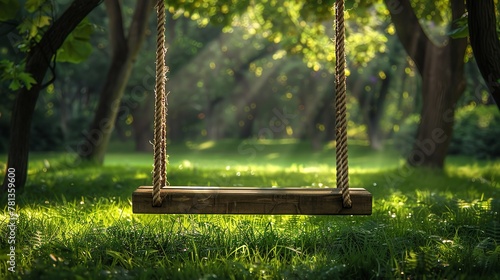 Swing just below an impressive tree in an enveloping park, encompassing calm and childhood joyousness, with ropes and space, Generative AI.