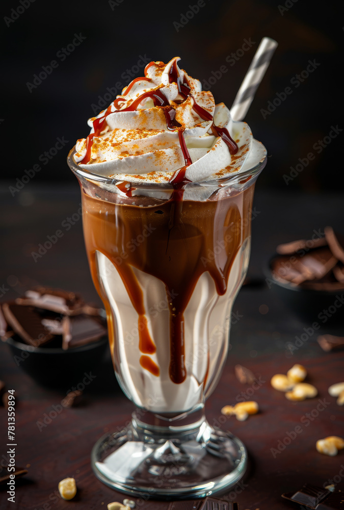 Delicious ice cream sundae with whipped cream chocolate sauce and caramel topping in tall glass Delicious ice cream sundae with whipped cream chocolate sauce and caramel topping in tall glass