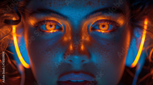 Close-up of a woman s face illuminated by a fiery orange light  highlighting her intense gaze and the intricate details of her eyes and freckles.