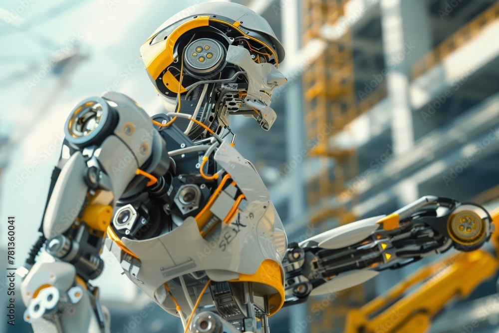 Fototapeta premium Robot construction workers build and repair infrastructure with strength and precision.