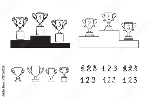 Doodle line trophy winner podium. Winners cups. Drawing icon. 1, 2, 3 place. Win hand drawn style