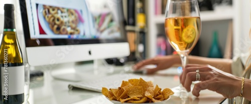 Woman working on a computer with snacks, drinks and a glass of wine in the office in a close up view. The woman is sitting at a white desk eating chips or sweets while typing on a laptop