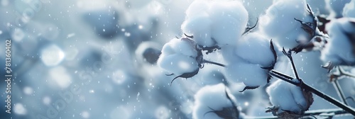 A serene winter scene with snow-covered cotton branches, conjuring sensations of purity, tranquility, and the season's chill photo