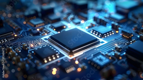 Electronic circuit board, microchip, computing processor, and CPU. Advanced technology conceptual background.