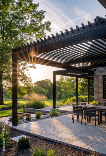 Pergola and outdoor dining area with fire pit and view of the golf course at sunset