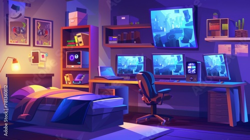 Gamer, programmer, hacker or trader bedroom interior with several computer monitors, unmade bed, 3D printer on shelf on wall, cartoon modern illustration of a teen boy's bedroom.