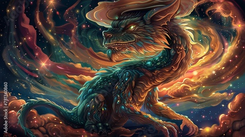 A majestic dragon in shades of emerald, sapphire, and ruby against a black background with swirling galaxies in the sky ,--Sref https://s.mj.run/Qte9Y6jVnOo photo