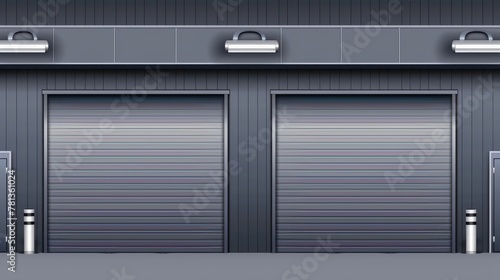 The facade of a building with automatic doors has a gate with a metal rolling shutter against a gray wall. Modern illustration of a hallway in a commercial garage or warehouse with closed and open photo