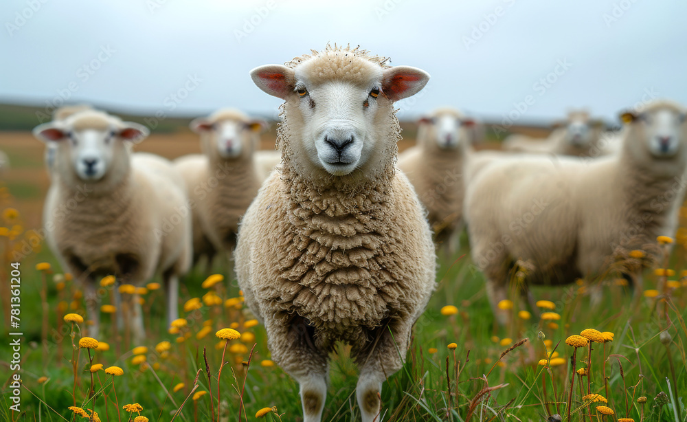 Obraz premium Sheep standing in field of buttercups