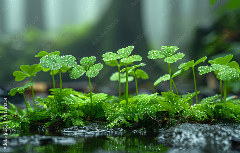 Young plant growing in the forest with water drops