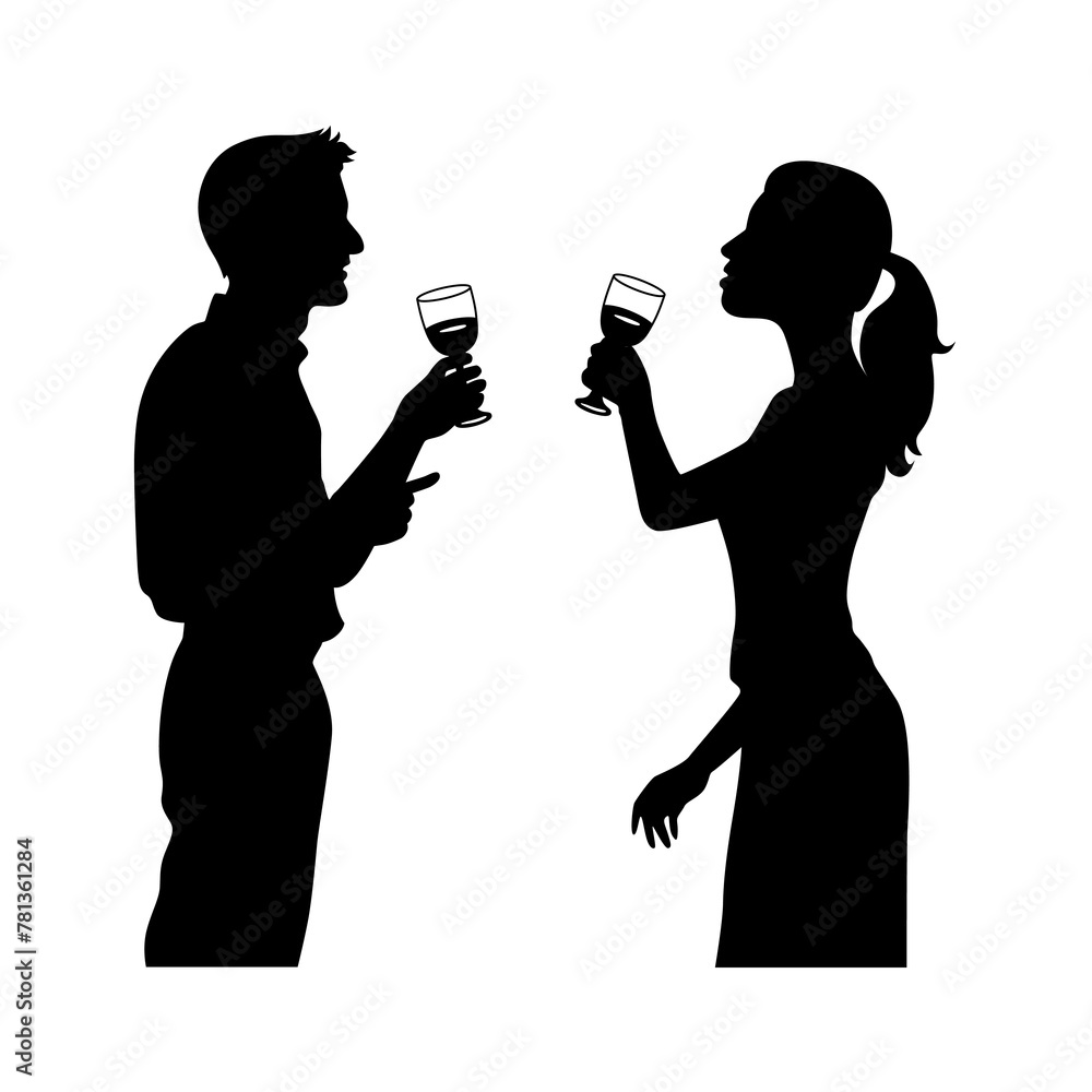 Man and woman drinking wine together. Business people meeting and drinking wine vector silhouette isolated on white
