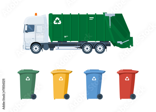Garbage truck and recycle bins isolated. Vector flat style illustration.