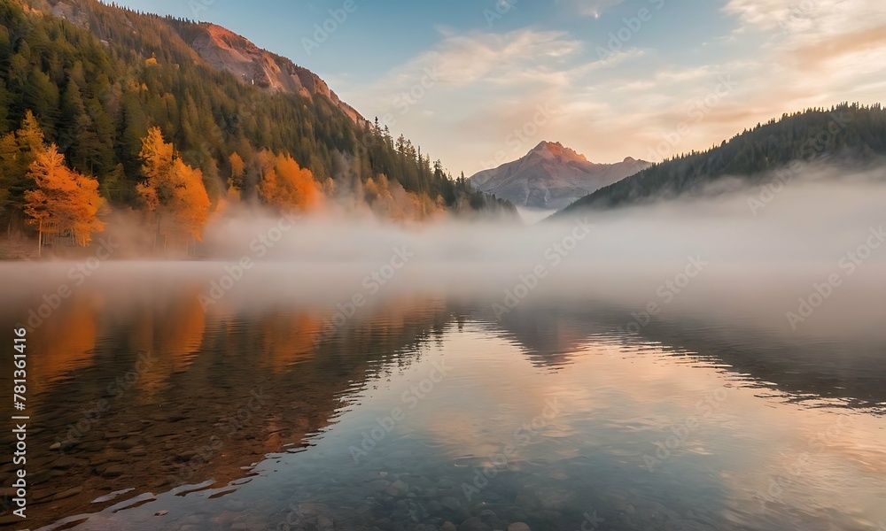 Majestic sunset over a calm lake. Water reflects the fiery sky, creating a breathtaking spectacle, beautiful forest with fog Majestic sunset over a calm lake. Water reflects the fiery sky, creating a breathtaking spectacle, beautiful forest with fog