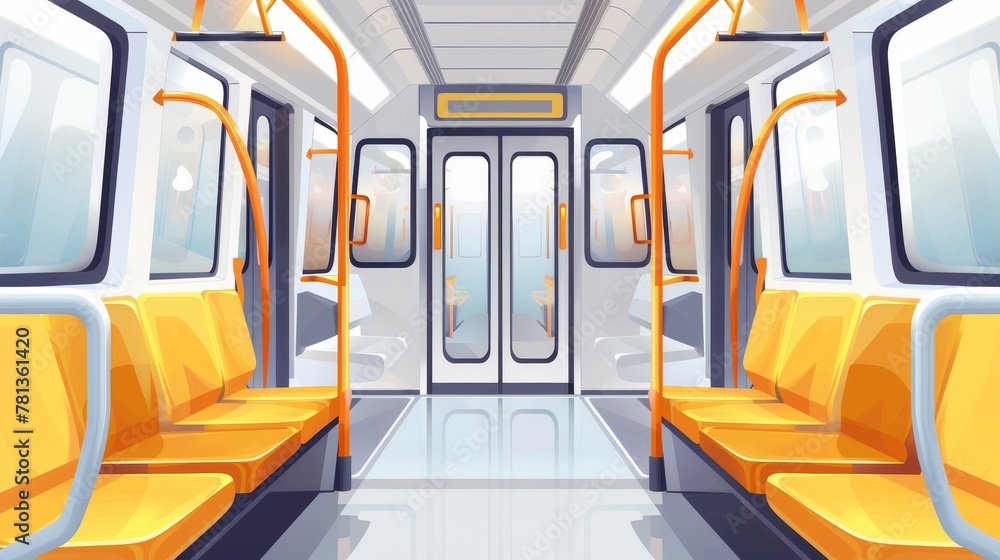 Realistic 3D modern illustration of subway wagon interior with door, seats, and windows. Modern public railway, metropolitan railroad urban transportation.