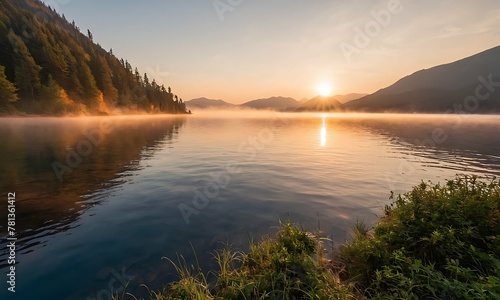 Tranquil lake at sunset. The sky is ablaze with vibrant colors, like fiery orange, deep blue. The calm water reflects the sunset, beautiful forest with fog