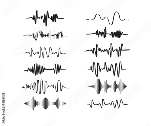 Sound waves. Doodle audio frequency, radio signal, voice line waveform, volume music level symbol