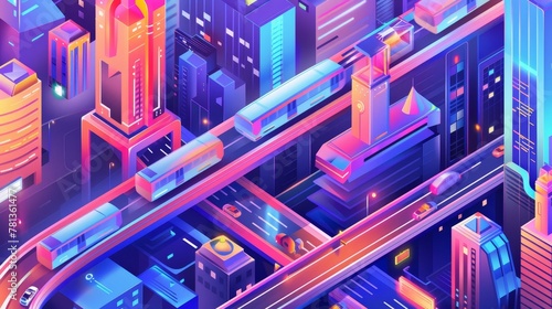 Sustainable development, urban infrastructure innovation. Modern landing page with isometric illustration of modern town with skyscrapers, monorail train and road. photo