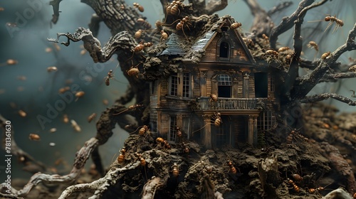 Termites Engulfing a Haunting Abandoned House,Blending Horror and Fascination as Nature Reclaims the Material photo