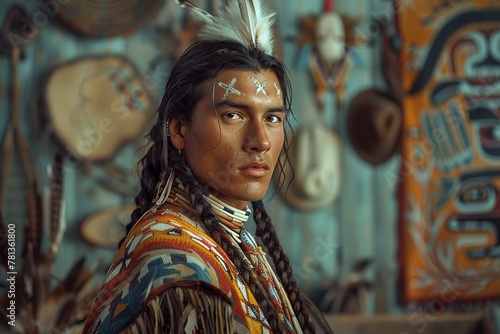 Wallpaper Mural Capture the essence of cultural pride as a Native American man, adorned with braided hair and traditional jewelry, exudes confidence and reverence for his heritage in a studio setting Torontodigital.ca