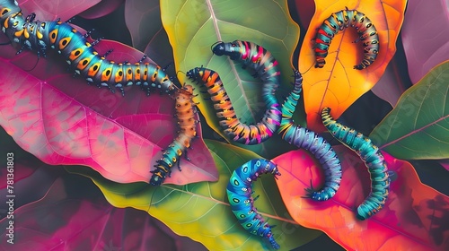 Colorful Caterpillar Creatures Entwined with the Verdant Foliage They Inhabit,Showcasing the Beauty and Complexity of Nature's Intricate Tapestry