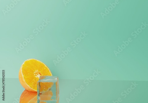 Icy Light Green Minimal surface background with Fresh Cut Orange and Ice cube. 3D Illustration on empty table shelf for elegant healthy, food beauty summer product presentation. 3D Render