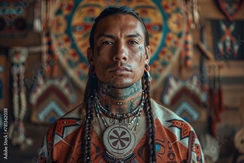 Capture the essence of cultural pride as a Native American man, adorned with braided hair and traditional jewelry, exudes confidence and reverence for his heritage in a studio setting