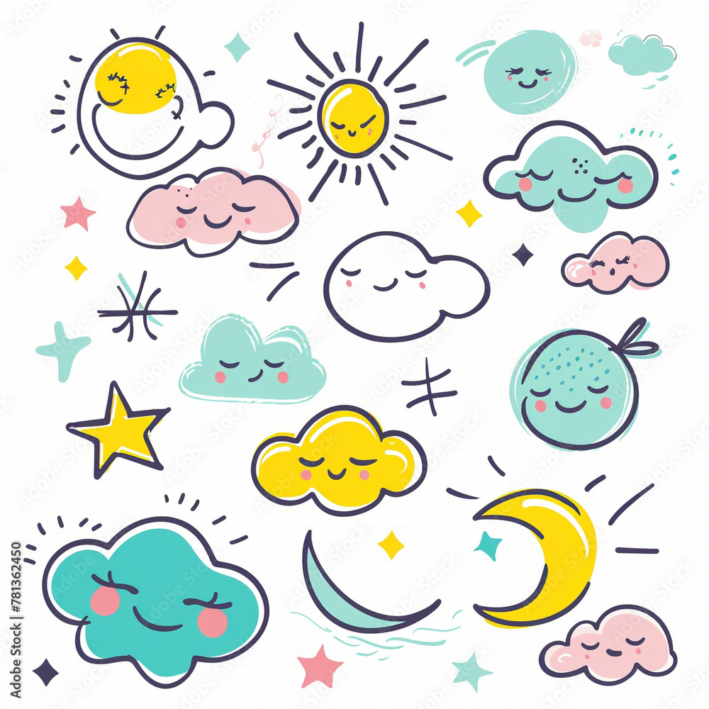 scribbles cute style icons sky white background