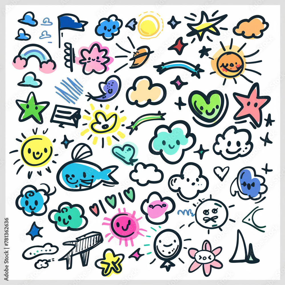 scribbles cute style icons sky white background