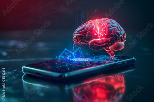 A smartphone displays a hologram of a damaged brain, dark background.