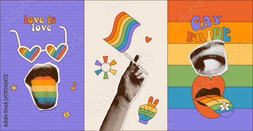 Pride Month collages set. Bright retro banners with vintage halftone hand, mouth eye. Collage with cut out paper elements and doodles for decoration of LGBT events. Vector