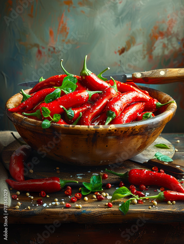 Red hot chili peppers in wooden bowl