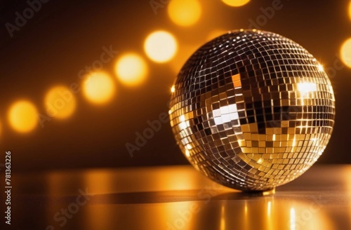 A disco ball lies on the floor. Golden light, bokeh