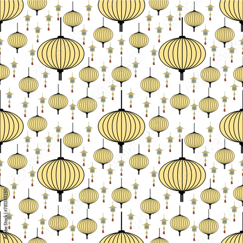 Japanese fabric patterns, golden lanterns, goldfish, koi fish, auspicious fish and ocean waves.