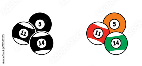 Billiard balls for billiard triangle. Billiard table or snooker table with cues and balls rack. Pyramid of billiard balls for pool table with cue and ball. Sport game tools. Balls racks.