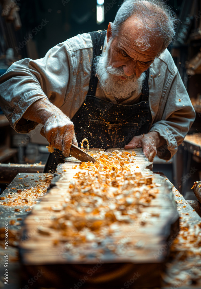 Old man carves bas-relief with gouge in the workshop of carpenter Old man carves bas-relief with gouge in the workshop of carpenter