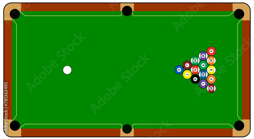 Billiard balls for billiard triangle. Billiard table or snooker table with cues and balls rack. Pyramid of billiard balls for pool table with cue and ball. Sport game tools. Balls racks. Game rules.