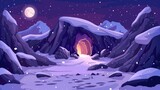 Mountain range with entrance to cave illuminated at night. Modern cartoon winter landscape with rocks, snow, moon in sky and deep stone cavern.