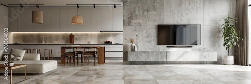 Minimalist style living room, light gray marble floor tiles and white walls, large concrete TV wall cabinet with wooden top surface on the right side of the tv wall, modern sofa in front of table