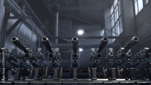World military machine gun Machine Gun production line. Factory process. War concept. Realistic 4k animation 3d rendering