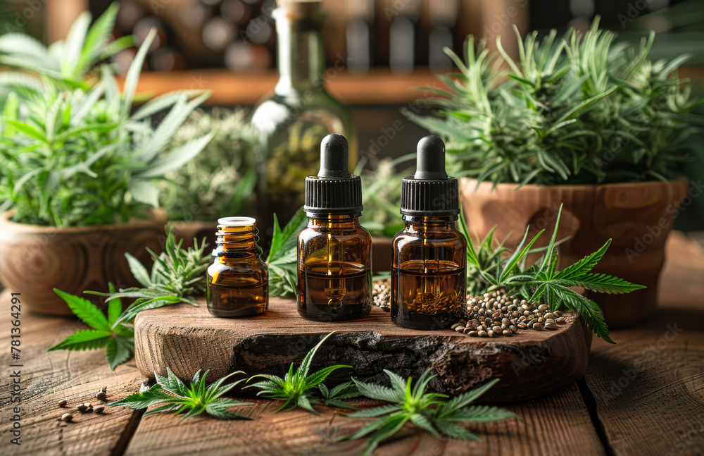 Cannabis oil and cannabis plants on wooden table Cannabis oil and cannabis plants on wooden table