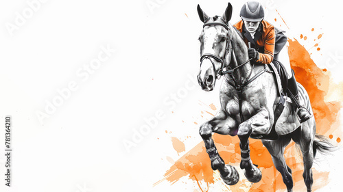 A horse and jockey at show jumping competition in orange watercolor painting