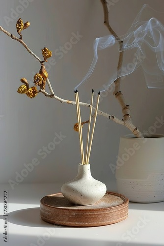 Simple and minimalist set of incense sticks and incense holder made of white clay, serene atmosphere. The composition is simple but elegant. Incense burner. Still life