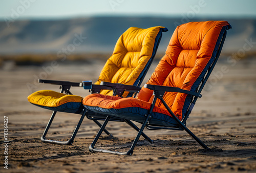 Two folding chairs stand on the beach against the background of the sea and mountains.