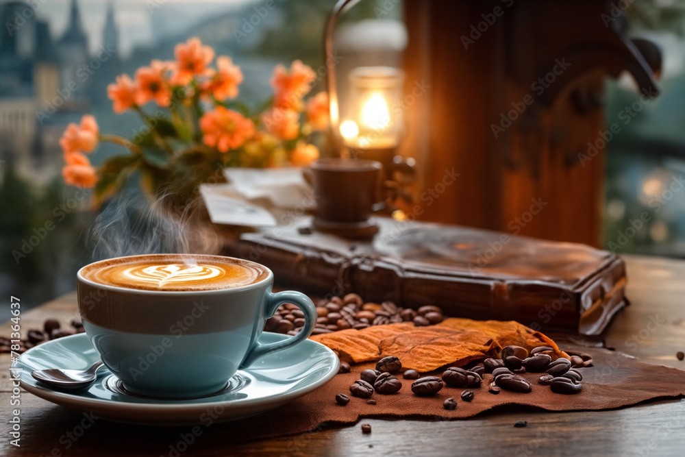 Fototapeta premium Cappuccino fumante in un costesto romantico con città sullo sfonfo, fiori e chicchi di caffè 
